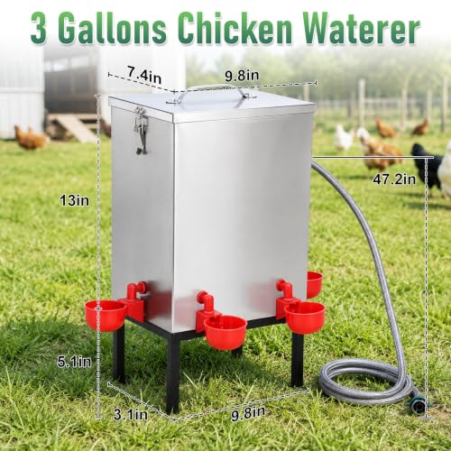 Automatic Chicken Waterer 3 Gallon, 304 Stainless Steel Poultry Waterer with Float Valve, No-Spill Metal Chicken Water Dispenser, Standing Chicken Watering System for Backyard Coop, Ducks & Small Farm