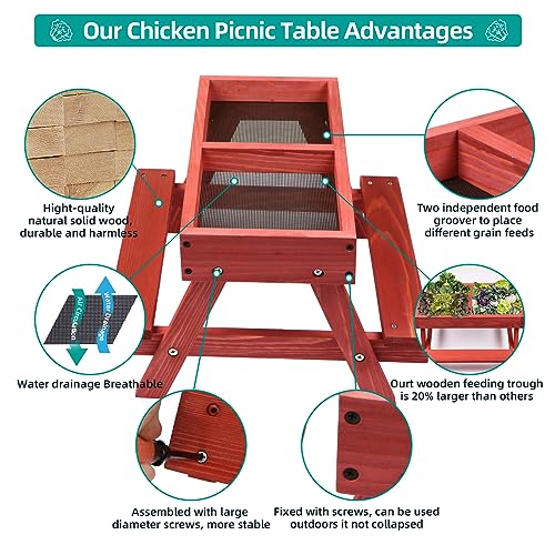 Chicken Picnic Table, Chicken Feeder No Waste Handmade Wooden, Large DIY Chicken Feeder Kit, Wild Bird, Duck & Squirrel Feeders, Mesh Bottom Keep Food Fresh and Dry Easy to Clean and Fill（Red Paint - color: Red Solid Wood