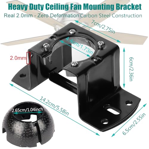 Universal Ceiling Fan Mounting Bracket Kit with Hanger Ball - 2.0mm Heavy Duty Steel Mount for 1" Downrods & 4" Boxes, Flat & Low Slope Ceilings (≤10°), NOT for Hugger Fans - size: Complete installation kit
