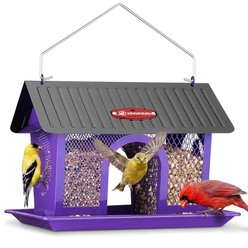 Kingsyard Bird Feeder for Outdoors Hanging, Dual-Use Metal Mesh Wild Bird Feeders with Seed Tray & Weatherproof Roof, 3 lbs Large Capacity, Purple - color: Purple