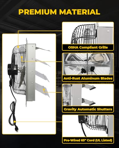 VENTISOL 18 Inch Shutter Exhaust Fan, Ven Fan with Power Cord Wall Mount, High Speed 2,500 CFM for Garages, Attic, Shops, Greenhouse - style: 18" with Power cord