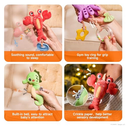 TUMAMA Baby Toys 0 3 6 12 Months, Hanging Stroller Toys Soft Marine Animal Crib Car Seat Toys, Crinkle Infant Rattles with Teether Squeaky Sensory Developmental Toy for Newborn
