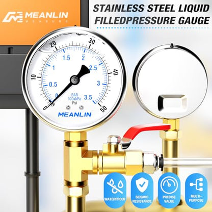 MEANLIN MEASURE 0~50Psi Stainless Steel 1/4" NPT 2.5" FACE DIAL Liquid Filled Pressure Gauge WOG Water Oil Air Lower Mount, with 1/2" NPT and 3/8" NPT Hex Bushing - size: 0-50Psi