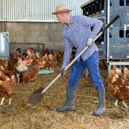 Kalekey Heavy Duty Chicken Coop Rake and Scoop, 15 Inch Extra Large Chicken Coop Rake with Adjustable Stainless Steel Handle (25 to 73 Inch)，Metal Multi-Use Cleaning Shovel for Coops, Beach（Brown） - color: Brown