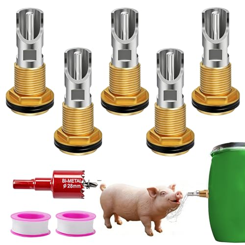 Pig Water Nipple, 5PCS Pig Nipple Waterer for Barrel Kit with Filter, Automatic Stainless Steel Pig Nipple Water Drinker Feeder Water System with Brass Tank Connector Kit for Piglets Goat Drinking