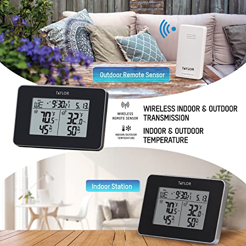 Taylor Wireless Digital Indoor Outdoor Thermometer and Hygrometer, Weather Station, Battery Powered, Alarm, Easy-to-Read Display for Home, Office, Greenhouse, Nursery, and Indoor Areas, Black