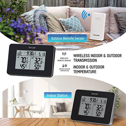 Taylor Wireless Digital Indoor Outdoor Thermometer and Hygrometer, Weather Station, Battery Powered, Alarm, Easy-to-Read Display for Home, Office, Greenhouse, Nursery, and Indoor Areas, Black