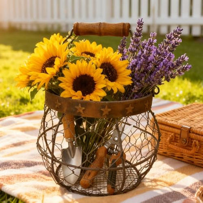 TAIANLE. Wire Egg Basket for Gathering Fresh Eggs, Rustic Farmhouse Chicken Egg Collecting Basket with Handle Star Decor for Kitchen Storage Holder Organizer Easter Display Decoration