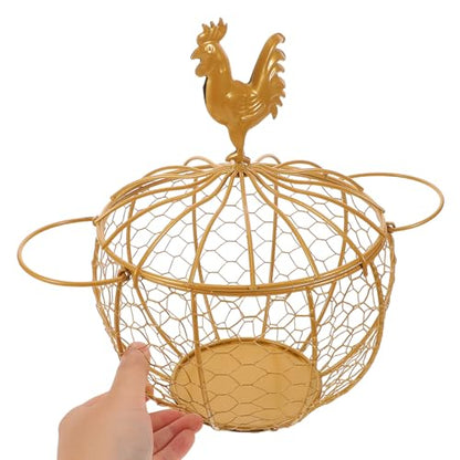Gatuida Vintage Farmhouse Metal Egg Basket with Double Handle and Chicken Knob Lid, Rustic Wire Storage Bin for Kitchen Pantry and Fresh Egg Collection