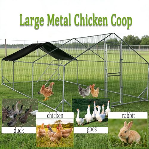 XCL Large Metal Chicken Coop, 13×10×6.5FT Walk-in Chicken Run, Spire Roof Poultry Cage with Waterproof Anti-UV Cover, Roosting Perch Outdoor Backyard Farm Enclosure for Duck Chicken (3-Unit Coop) - size: 3-Unit Coop