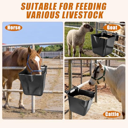 Horse Feed Bucket,15 Quart Plastic Hook Over Horse Feeder for Easy Hanging,Mountable Heavy Duty Livestock Feeders for Horses Sheep Cattle Cows (6)