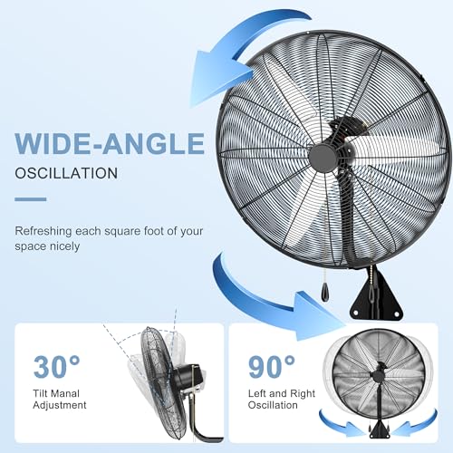 MEPTY 26" Wall Mount Fan, Heavy Duty Industrial Outdoor Wall Fan, High Velocity Oscillating Fans with 3 Speeds for Patio, Shop, Greenhouse, Garage, Commercial, Household use - size: 26inch