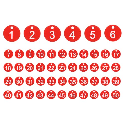 PATIKIL 50PCS Number Tags 1-50, Number Key Tags Plastic Numbered Keychain for Organizer Field Sales Hangers Clothes Labels ID, Red - color: Red