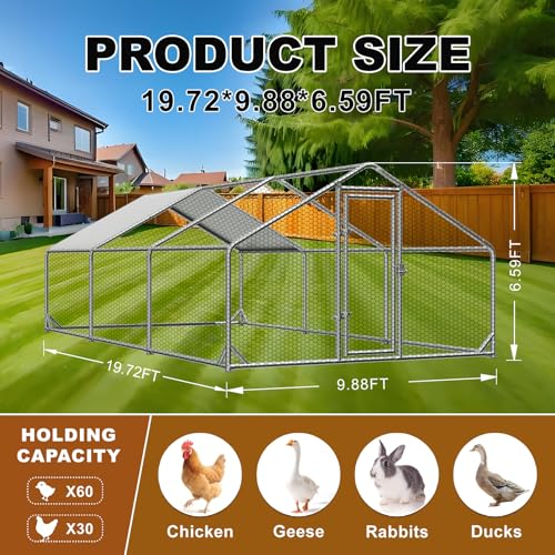 Large Chicken Coops for 20/30/50 Chickens,Outdoor Metal Walkin Poultry Cag with Cover Lockable Doors,Ducks Coop and Other Small Animals for Yard/Farm/Ranch (19.72'L x 9.88'W x 6.59'H) - size: 19.72'L x 9.88'W x 6.59'H