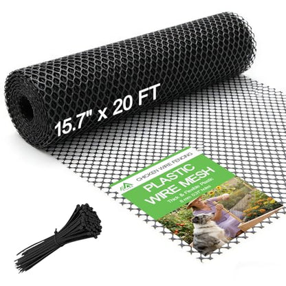 15.7" x 20' Plastic Mesh Fence Roll - Heavy Duty Chicken Wire Mesh Fence - Upgraded Thick Animal Barrier for Garden, Balcony Railing Safety Net, Poultry Netting with 20 Zip Ties, Black - size: 15.7" x 20'
