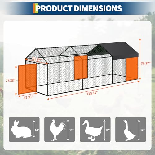 Metal Chicken Coop with Cover, Metal Chicken Run with 3 Doors, Chicken Runs for Yard, Poultry Cage for Rabbit Duck Goose, Black, 120" x40" x40" - color: black