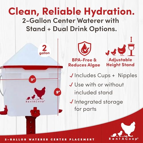 RentACoop 2 Gallon Chicken Waterer with 4 Auto-Fill Water Cups, 4 Horizontal Nipples, and Custom Adjustable Stand; BPA-Free; Large Capacity Poultry Waterer- Center Placement
