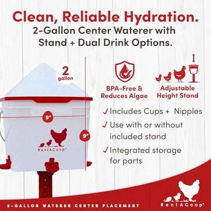 RentACoop 2 Gallon Chicken Waterer with 4 Auto-Fill Water Cups, 4 Horizontal Nipples, and Custom Adjustable Stand; BPA-Free; Large Capacity Poultry Waterer- Center Placement