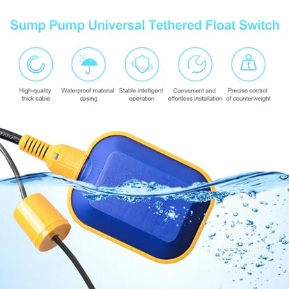 (With Counterweight) Sump Pump Universal Tethered Float Switch AC 15A 110~250V Piggyback Style Plug with 10 Feet Cord, Used in Sewage Pump, Water Tank, Septic Tank Pump, etc. - style: Float Switch + Counterweight