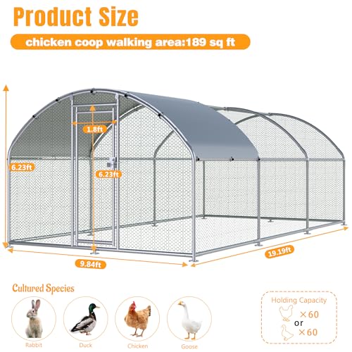 Large Metal Chicken Coop, Chicken Runs for Yard with Cover Walk-in Poultry Cage for 10 20 Chickens, Chicken Pen Duck Coop Hen House with Round Water-Resident Top and Feeding Door 19.2Lx9.84Wx6.23H FT - size: 19.2'L x 9.84'W x 6.23'H