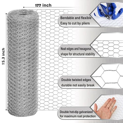 Fabulas Chicken Wire Fencing Mesh, 15.3 x 177 Inches Metal Floral Wire Fence for Crafts Poultry Garden, Hexagonal Galvanized Hardware Cloth Netting for Chicken Coop Barrier Rabbit Cage - size: 15.3in x 177in