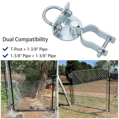 2 Pack T-Post Gate Hinge Kit, Heavy Duty 1-3/8" U-Bolt Clamps for T-Post & 1-3/8" Pipe - Farm Gate Hardware for Chain Link, Metal Post & Wood Gates