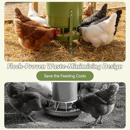 KOL Chicken Feeder No Waste for Coop & Outdoors, 16 Port 50lbs Poultry Feeder with Spill-Control Design, Rust-Proof Powder Coated Metal & Smooth Safe Edges (Avocado Green) - color: Avocado Green