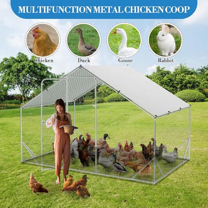 Large Metal Chicken Coop, Walk-In Poultry Cage, Chicken Run Pen House With Reinforcement & Waterproof & Anti-Ultraviolet Cover Chicken Coop Run With Double Lockable Doors for Outdoor 9.8 x 19.7X 6.6ft