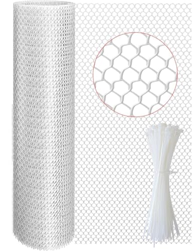 TOYPOPOR Plastic Chicken Wire Fencing, 16in x 15ft, 500GSM Durable Heavy Duty Hexagonal White Chicken Wire, Rustproof Garden Fence for Pets, Plants, Includes 30 Pcs Cable Zip Ties - color: White