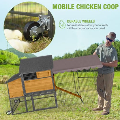 GUTINNEEN Large Chicken Coop with All Around Metal Frame Mobile Hen House with Wheels Weatherproof Duck House with Nesting Box, Outdoor Run, Perch, Leakproof Tray for 6-8 Chickens 85" L - size: 85.6"L x 48.2"W x 48.2"H