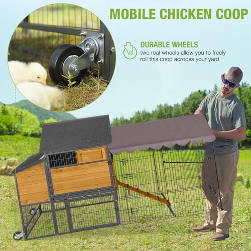 GUTINNEEN Chicken Coop Mobile Upgraded with Metal Frame and Metal Chicken Run 85" Outdoor Hen House Chicken Tractor with Wheels,Tarp Roof Cover