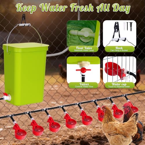 3.2Gal Automatic Chicken Waterer System Float Control Poultry Water Dispenser Complete Set Pipeline with Chicken Water Cups, Chicken Water Feeder for Chickens Ducks Geese Quail