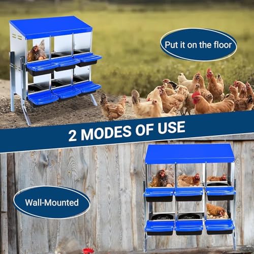 6 Hole Chicken Nesting Boxes - Nesting Boxes Chicken with Roll Away Design & Lid Cover,Easy Egg Collection, Hen Roosting Nest, Durable Poultry Laying Boxes for Hens - color: Blue, size: 6 Cells with Legs