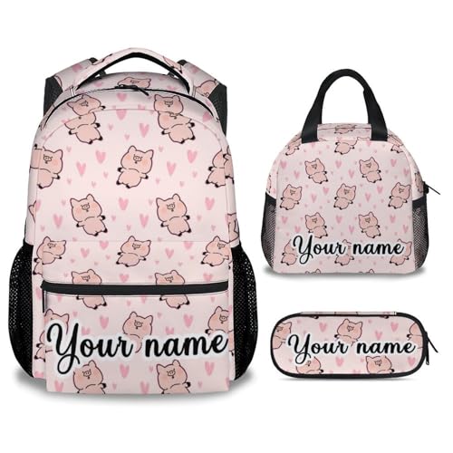Personalized Pig Backpack with Lunch Box and Pencil Case, 16 Inch Cute Pig Bookbag Durable, Lightweight, Large Capacity, Funny Animal Backpack for School Girls Kids Women - color: Style-2-3