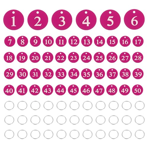 PATIKIL 50PCS Number Tags 1-50, Number Key Tags Aluminum Numbered Keychain Metal Round with Key Rings for Organizer Field Sales Hangers Clothes Labels ID, Rose Red - color: Rose Red