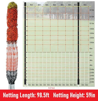 Electric Premium Poultry Netting Fence 59”H x 98.5’L - Versatile Portable Electric Fencing for Flying Chicken Sheep Goats Deer Hogs Dogs, Used in Backyards Homesteaders Farms and Ranches, PK1 - size: 59”H x 98.5’L x 1