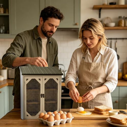 Wooden Fresh Egg Holder Countertop, Egg Storage Rack with Wire Mesh Window for Countertop, Farmhouse Storage Organizer Cabinet with Double Doors for Home Kitchen