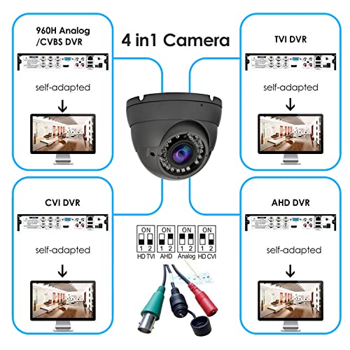 2MP Analog CCTV Camera 4-in-1 (TVI/AHD/CVI/960H/CVBS) Security Camera Grey | 2.8-12mm Varifocal Lens Analog Video Surveillance, Wide Angle Viewing Day & Night Indoor Outdoor Waterproof - color: Black