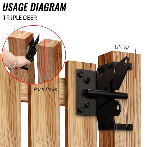 TRIPLE DEER Self-Locking Fence Gate Latch, Heavy Duty Vinyl Post Mount Automatic Self-Closing Wooden Gate Hardware, Gravity Lever Door Latches Hardware for Secure Pool/Yard/Garden Outdoor, Black