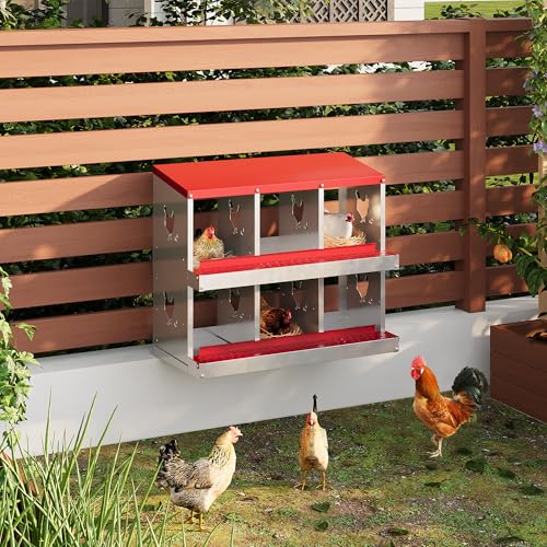 Chicken Nesting Box,6 Compartments Galvanized Steel Metal Chicken Laying Box with Roll Out Egg Collection,Wall Mount Chicken Nesting Boxes,Easy Egg Collection, Hen Roosting Boxes - color: Red, size: 6 Holes