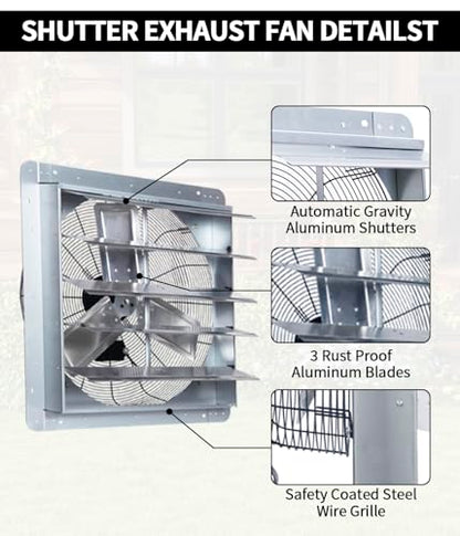 24 Inch Shutter Exhaust Fan, Vent Fan with Power Cord Wall-Mount, High Speed 4200 CFM for Garages, Attic, Shops, Greenhouse - size: 24 IN