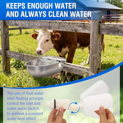 Automatic Livestock Water Bowl Float Valve Self-Filling Dog Goat Chicken | 304 Stainless Steel Animal Waterer Auto Refill, Horse Pig Cow Sheep Cat, Drainage, 3/4" GHT Hose & Mounting Bolts, Farm Ranch