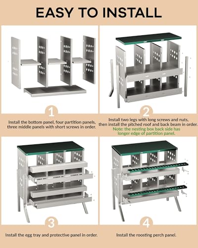 6-Compartment Chicken Nesting Box, Heavy Duty Galvanized Steel Poultry Nest Box, Wall Mount/Freestanding Design for Hens, Ducks, Backyard Homesteads & Farm Use, Dark Green, with 6 Eggs, with Stand - color: Dark Green, size: 6 Room&eggs