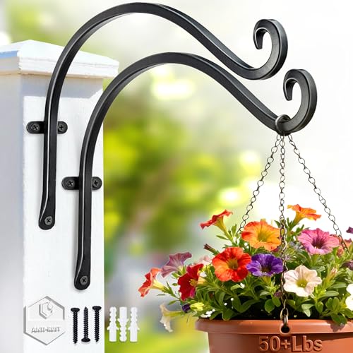 AJART Heavy-Duty Plant Hanger Outdoor - Can Hold 50 Lbs Plant Basket or Large Bird Feeder - 12 Inch Solid Iron Windproof, Rustproof Wall Hooks - with Triangular Stability - 2 Pieces - size: 12 Inch, style: Plant Bracket Hook