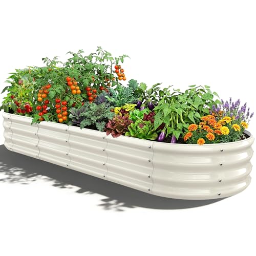 Oval Raised Garden Bed, 6 x 2 x 1FT, Galvanized Steel Planter Box with Wave-Shaped Metal Panels Painted for Outdoor Flower,Tree,Herb & Vegetable Garden (White, 72X24X12 inches) - color: White, size: 72X24X12 inches
