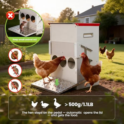 25LB Automatic Chicken Feeder No Waste Metal Gravity Poultry Feeder Treadle Feeder 3 Feeding Ports with Lid, Weatherproof Galvanized Chicken Food Dispenser for Ducks, Goose, Turkey