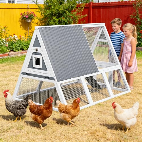 Large Chicken Run Coops with Nesting Boxes Outdoor for 4-6 Chickens Wooden Duck Rabbit Hen House A-Frame Quail Cages with Removable Tray Ramp and Weatherproof Roof for Backyard Outside (White2) - color: White2