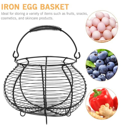 Metal Wire Egg Basket Easter Farmhouse Round Iron Fruit Basket with Handle Egg Food Collecting Holder Countertop Kitchen Storage Rustic Table Spring Festival Party Centerpiece Decor, Black