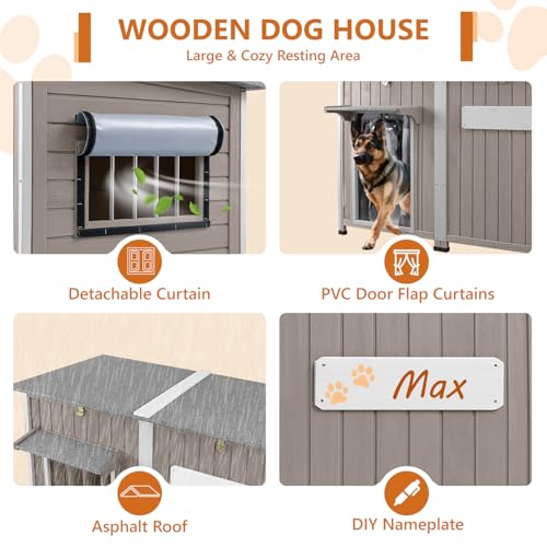 Ketive 55"L Dog House Outdoor Large Breed Extra XL Wooden Dog House with Weatherproof Asphalt Roof, All-Around Iron Frame, Removable Floor, Openable Top Roof, Air Vents Window for Medium to Large Dogs - style: 55.1"L x 33.1"W x 34.8"H