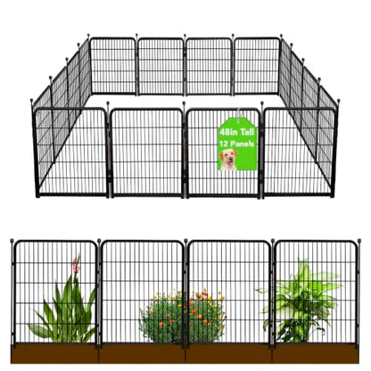 Getlay Doorless Dog Digging Fence Barrier,48in(H) 12 Panels Total 26.6 Ft(L), Black Metal Fencing for Yard 4ft Tall, Dog Fence Outdoor for Yard, Fencing for Garden Beds, Garden Fences Border - size: 48''(H)-12panels-26.6ft(L) no gate
